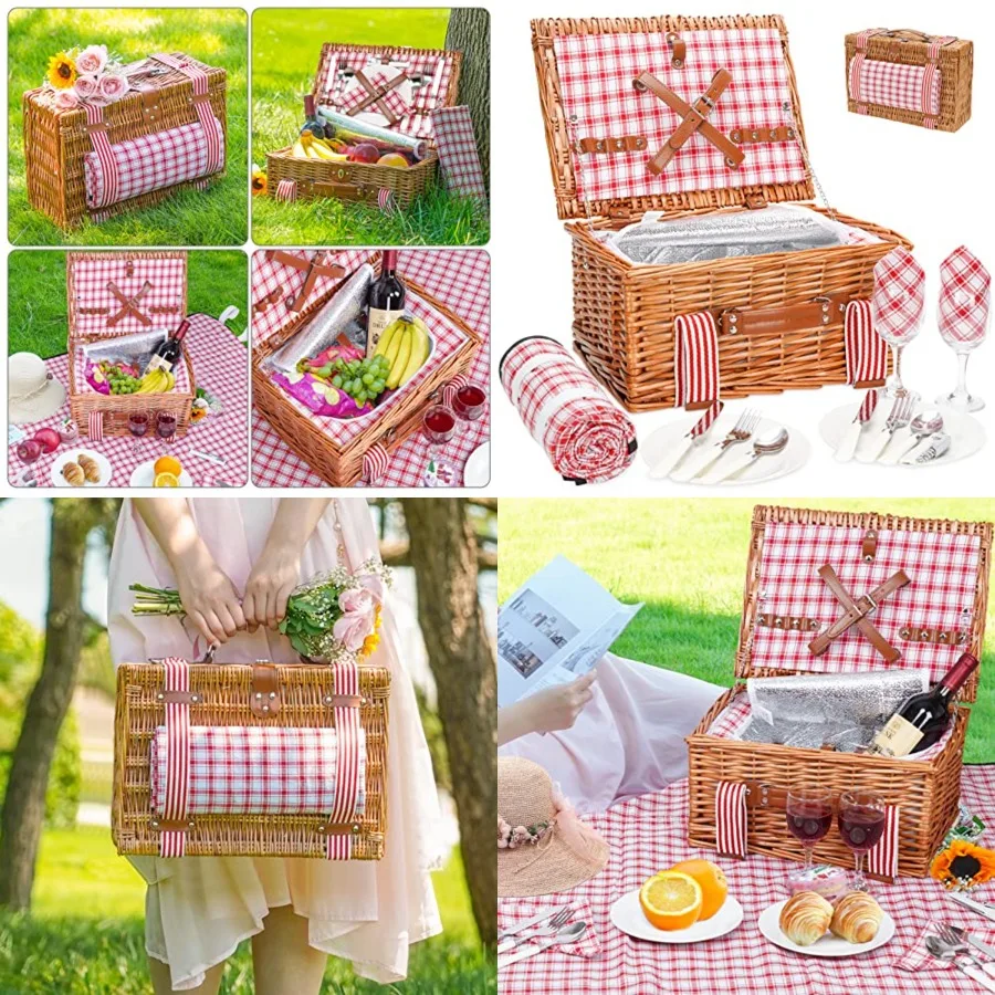 

Wicker Picnic Basket for 2 with Large Insulated Cooler Compartment and Waterproof Picnic Blanket, Cutlery Service Kits, Wicker