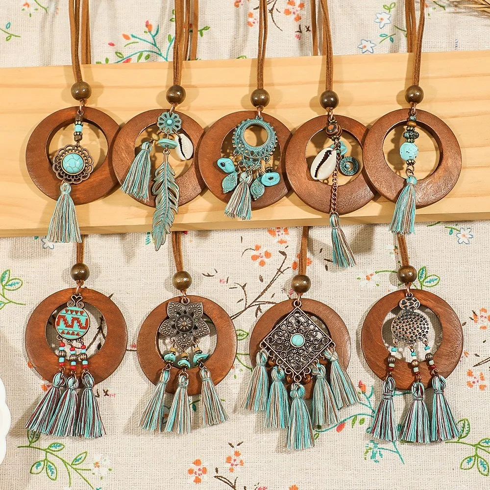 Fashion Ethnic Style Wooden Long Tassel Necklaces Bohmian Style Elegant Sweater Chain Daily Wear Originality Necklace