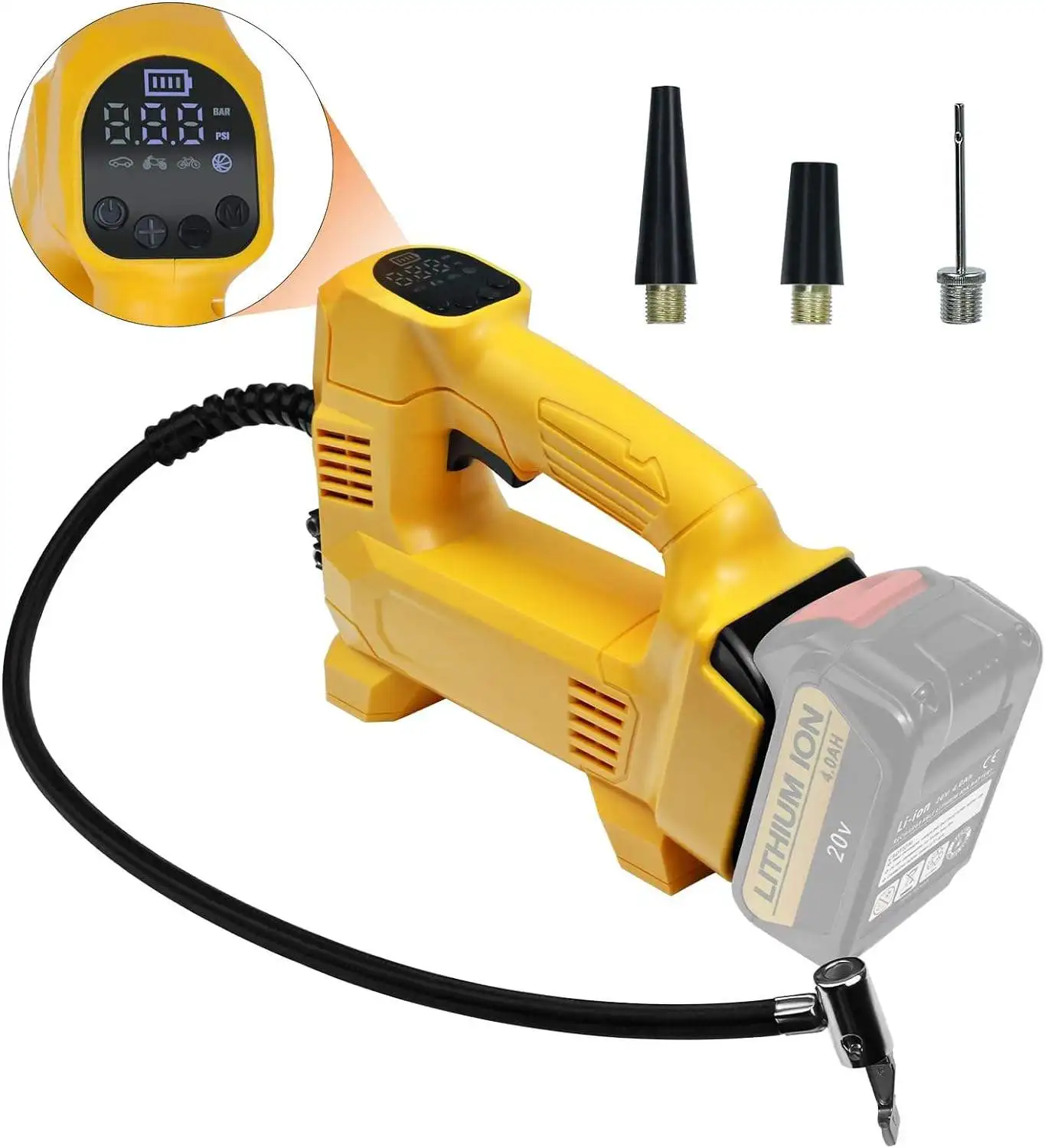 

Cordless tire inflator For Makita/Dewalt /Milwaukee 18V Battery with digital pressure gauge for Cars Motorcycles Bikes