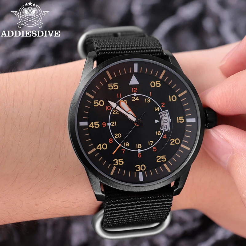Addiesdive جديد ساعة تناظرية للرجال 50 متر مقاوم للماء ساعة مضيئة موضة رياضية كبيرة الطلب ساعة كوارتز رجالية مع حزام نايلون