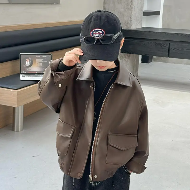 Korean Boy's Faux Leather Jacket Kids Stylish Solid Brown Color Artificial PU Coat Child High Fashion Autumn Outfit Age 5 To 14Y