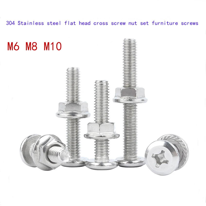 

M6 M8 M10 304 Stainless Steel Cross Flat Head Bolt Hexagonal Nut Set Combination Fixed Furniture Screw