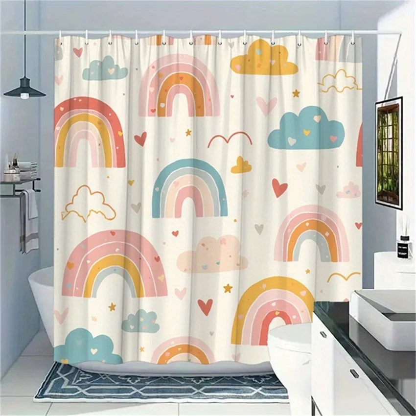 Colorful Rainbows and Hearts Shower Curtain - Water-Resistant, Easy to Clean, Adds a Bright and Cheerful Touch to Your Bathroom