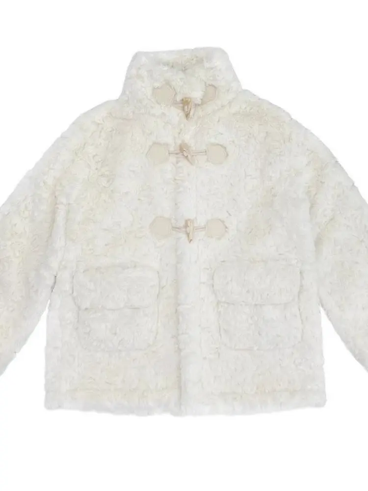 เสื้อโค้ทขนแกะนุ่มสำหรับผู้หญิง สีขาว สไตล์ลำลอง สำหรับฤดูหนาว ติดกระดุม ผ้าฝ้ายอุ่น ทรงหลวม สไตล์หวาน เรียบง่าย