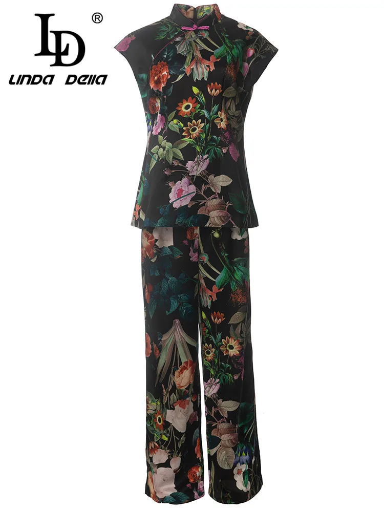 LD LINDA DELLA Summer Runway Black Silk Pants Set Women Short sleeve Flowers Printed Tops and High waist pants 2 Pieces Set