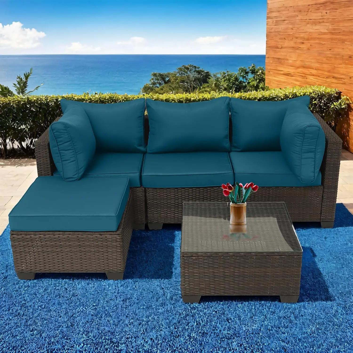 

5 PCs Patio Outdoor Rattan Sectional Wicke Furniture Set Seating Sofa with Coffee Table for Backyard Poolside,Brown/Peacock Blue