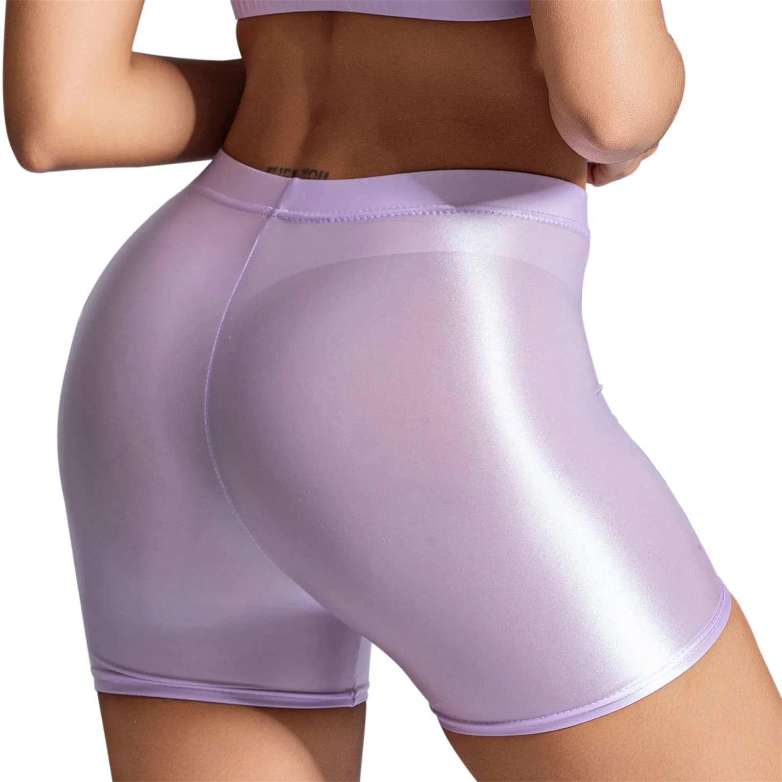 Womens Sexy Glossy Oiled Tight Athletic Shorts Tight High Waist Casual Elasticity Yoga Shorts Smooth Sports Shorts Safety Shorts