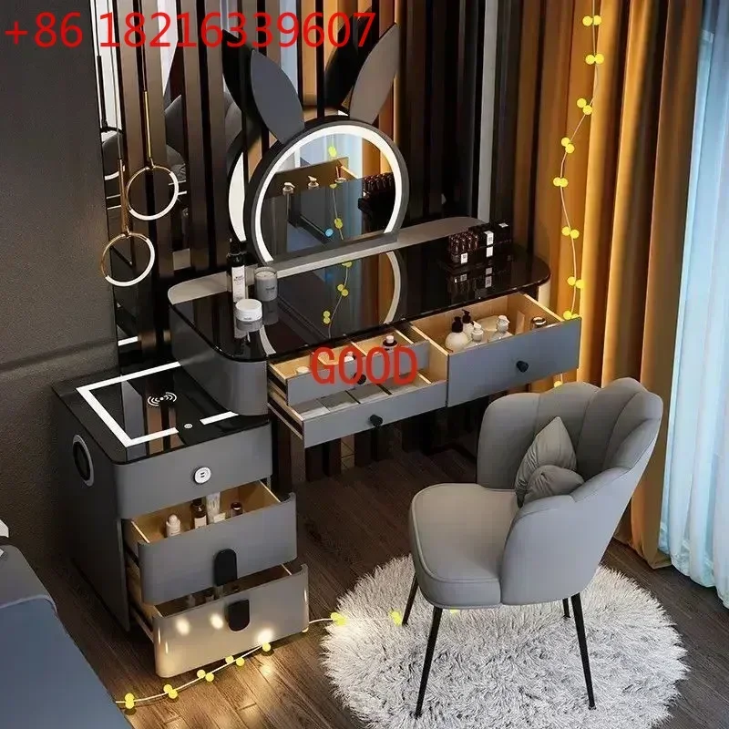 Luxury Dressing Table with Smart Wireless Charging Nordic Vanity Bedroom Multifunctional Makeup Table with Sound Bear Led Mirror