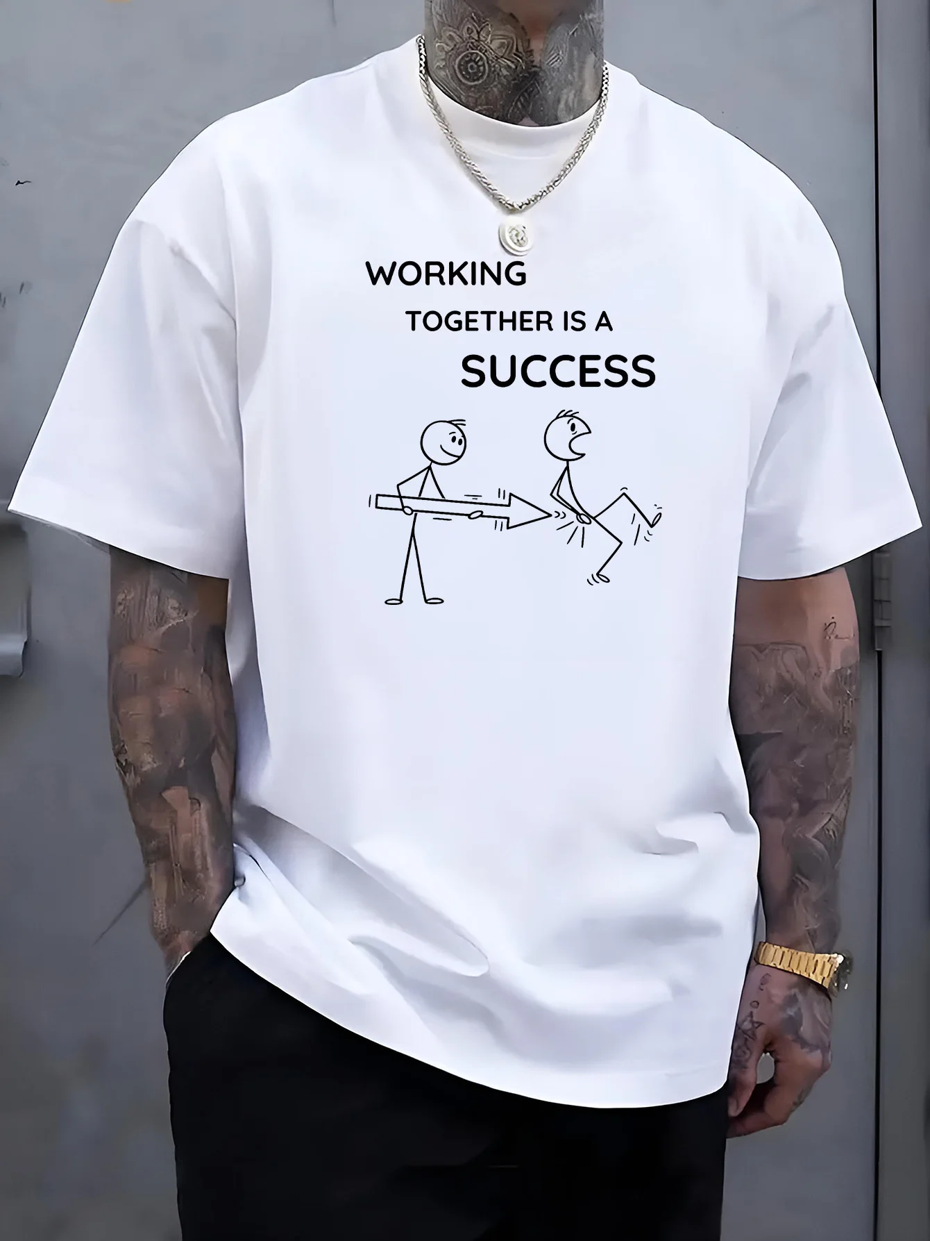 Men White Crew Neck Tee Funny Stick Figure Teamwork Graphic Working Together Is A Success Humorous Office Casual Cotton Male Top