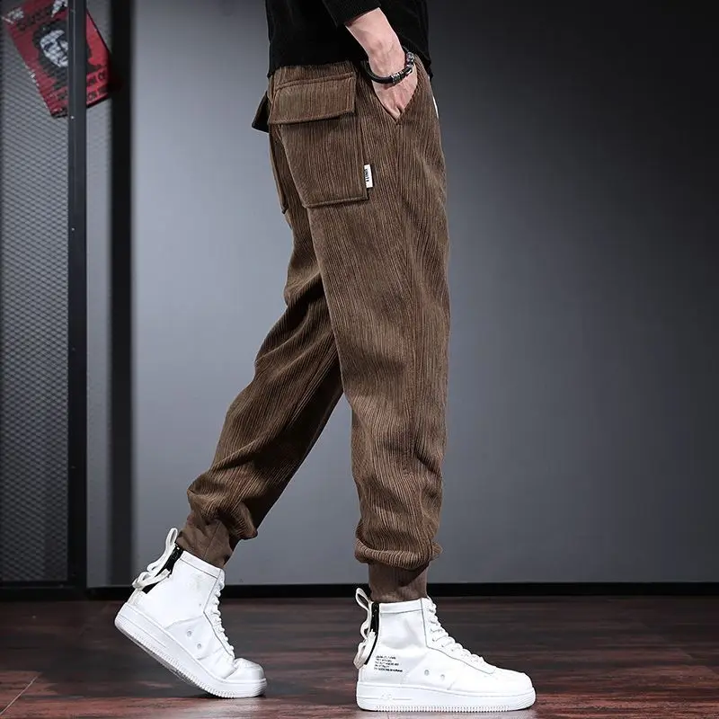 남성용 트렌디 루즈 플러스 벨벳 와이드 레그 타이 타이 피트 하이 엔드 및 캐주얼 두꺼운 코듀로이 바지
