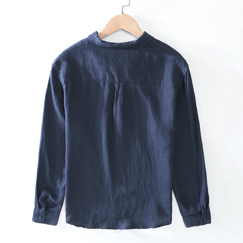 Loose Square Collar Long Sleeve Shirt, Men's Pullover Leisure Stone Washed Linen Top, Outdoor Camping Natural Fabric J71
