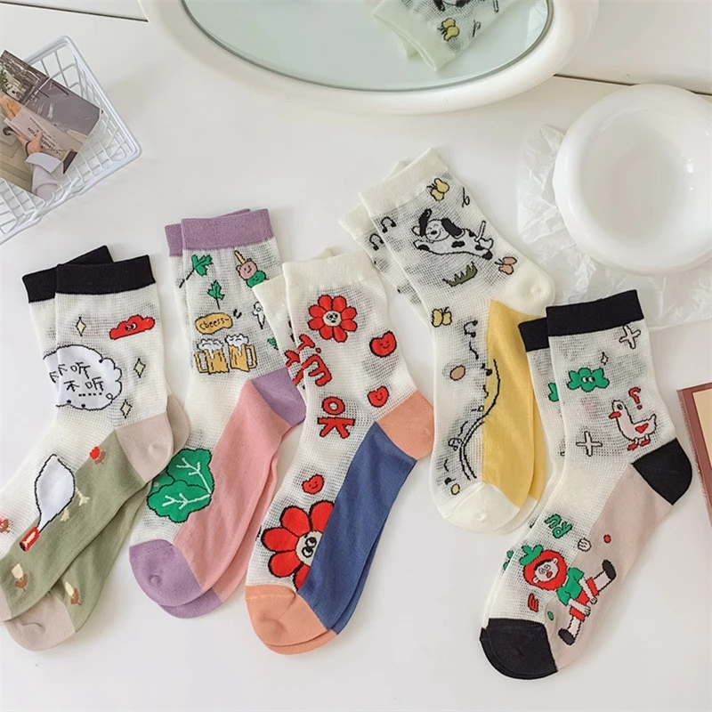 

Spring Summer New Mid- Tube Socks Korea Fashion Cartoon Graffiti Cartoon Mesh Socks Cute Sweet Funny Japanese Harajuku Girl Sox