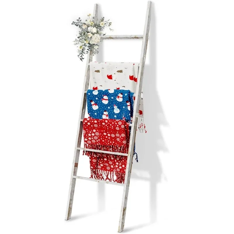 6-Tier Blanket Ladder Wooden, 5.7FT(66.5'') Blanket Quilt Towel Holder Rack Decorative Ladder, Easy