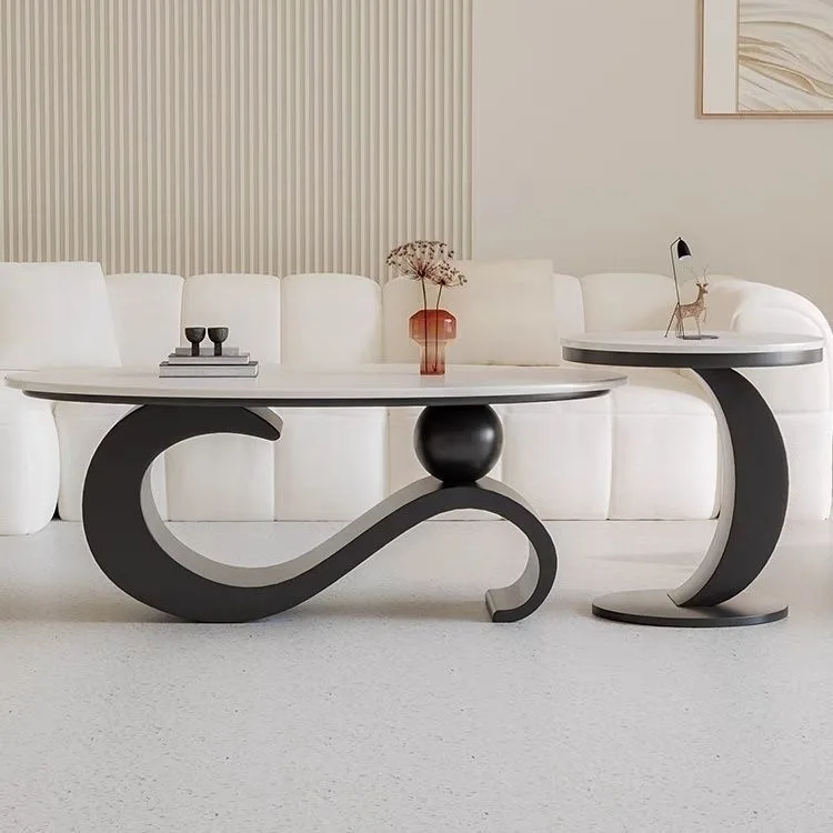 Sintered stone , small apartment, living room oval coffee table, home cream irregular combination side table