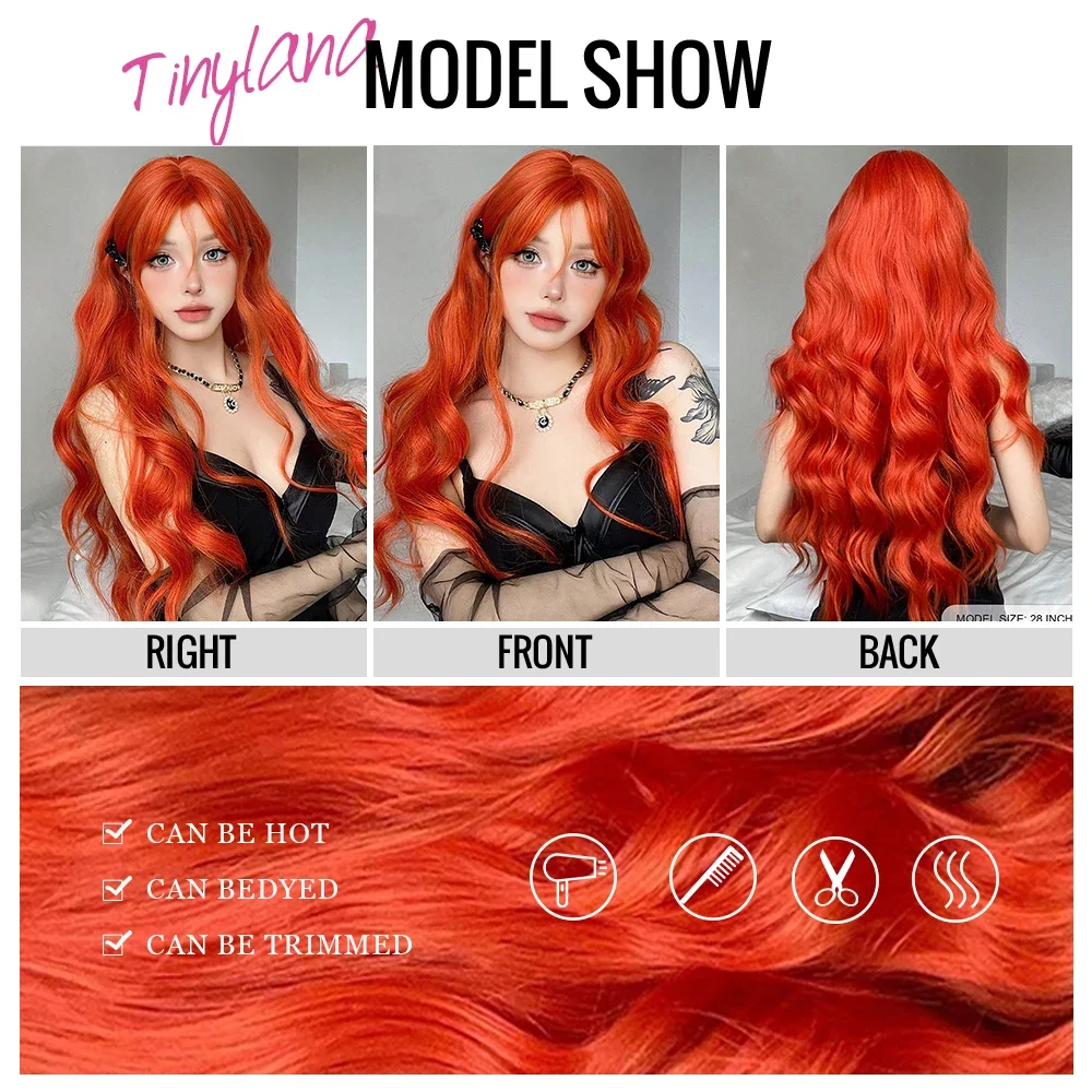 Orange Red Long Curly Wavy Synthetic Wigs with Bangs for Women Christmas Colorful Cosplay Wigs Daily Natural Hair Heat Resistant