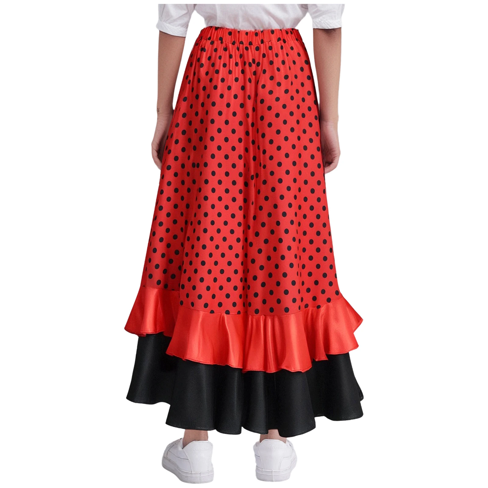 Gonne da ballo di flamenco spagnolo per ragazze per bambini Gonna lunga con volant a strati a pois per costume di Halloween per spettacoli di danza lirica