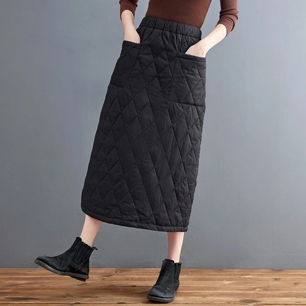 High Waist Midi Length Skirt Thickened Warm Cotton Long Skirt Winter Windproof Design a-Line Outerwear Skirt Outerwear Daily