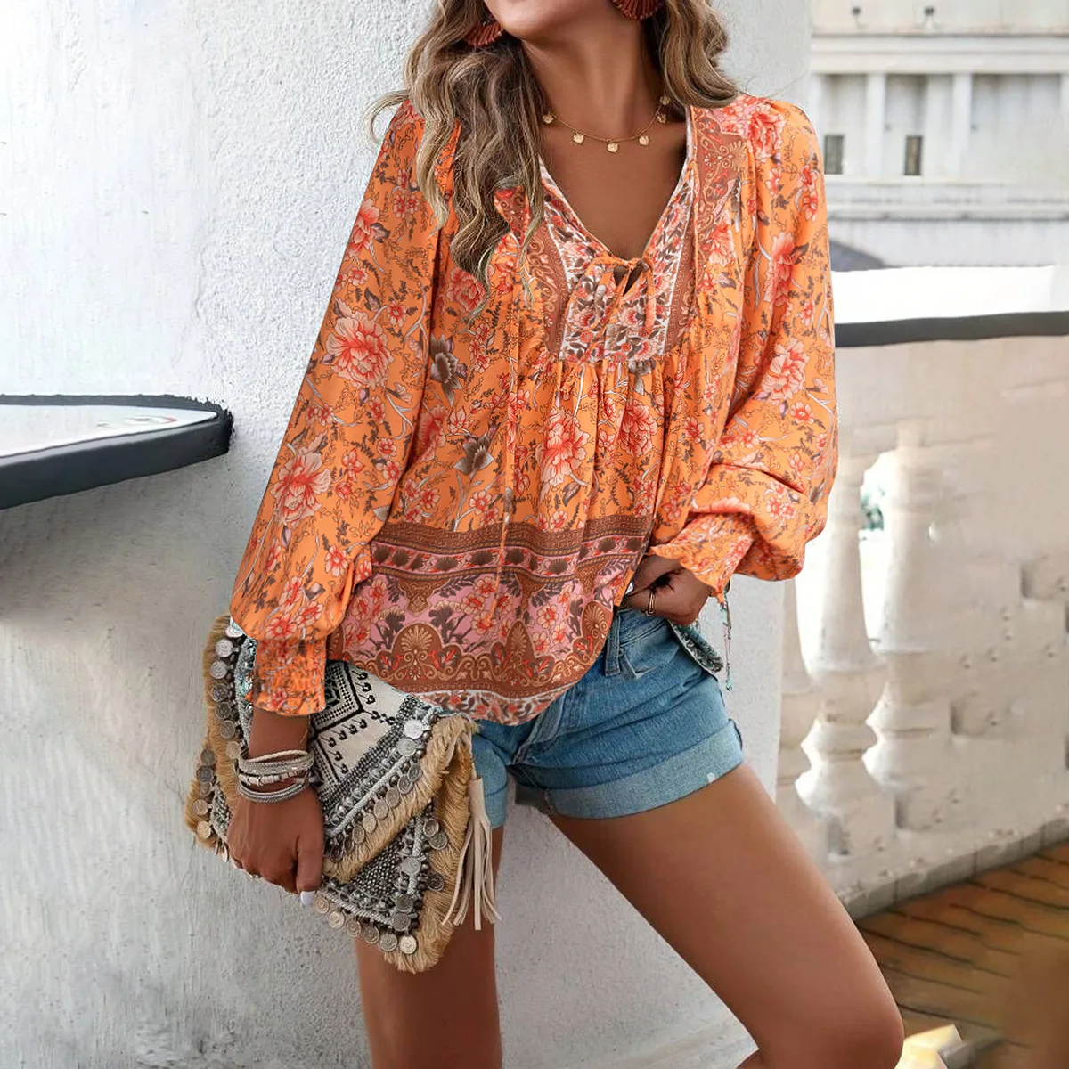 2025 Spring and Summer Bohemian Vacation Style Cotton Printed Lace-up Long Sleeve Top Shirt for Women