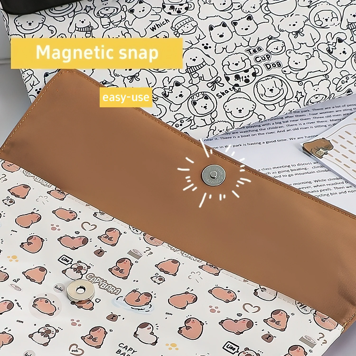 1 borsa per file Capybara A4, borsa pieghevole in tessuto morbido per cani da cartone animato, tasca per organizer per documenti, borsa per buste A7860