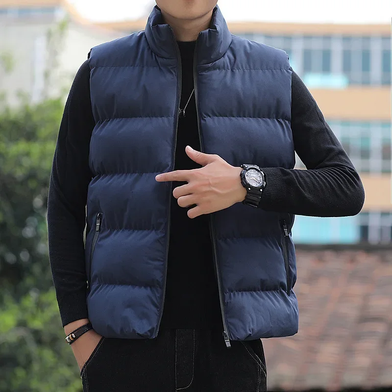 

Autumn and Winter Men's Vest Basic Simple Autumn and Winter Jacket Stand Collar Top Solid Color Thickened Warm Cotton Vest Men