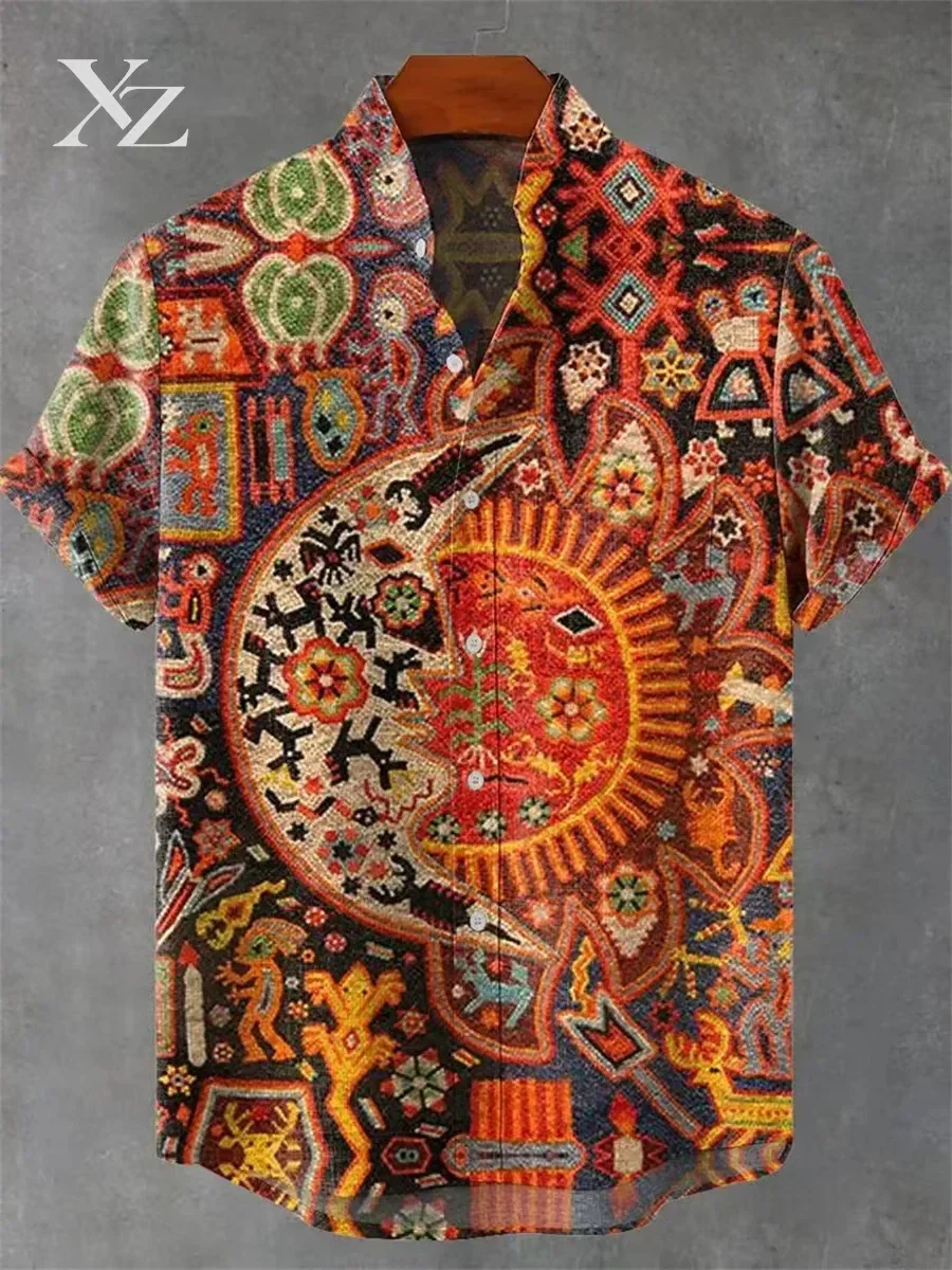 Hot Sale Men's Retro Landscape 3D Printed Linen Short-Sleeved Button Shirt Comfortable Casual Art Top