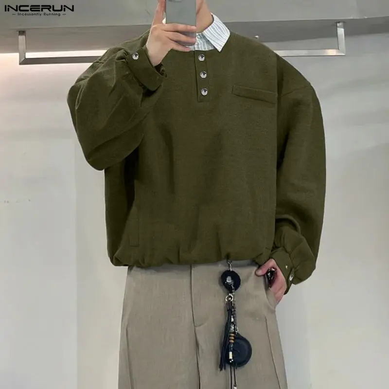 

INCERUN Men Shirt Striped Patchwork Lapel Long Sleeve Loose Men Clothing Streetwear Korean Style Fashion Casual Tops Male Shirts
