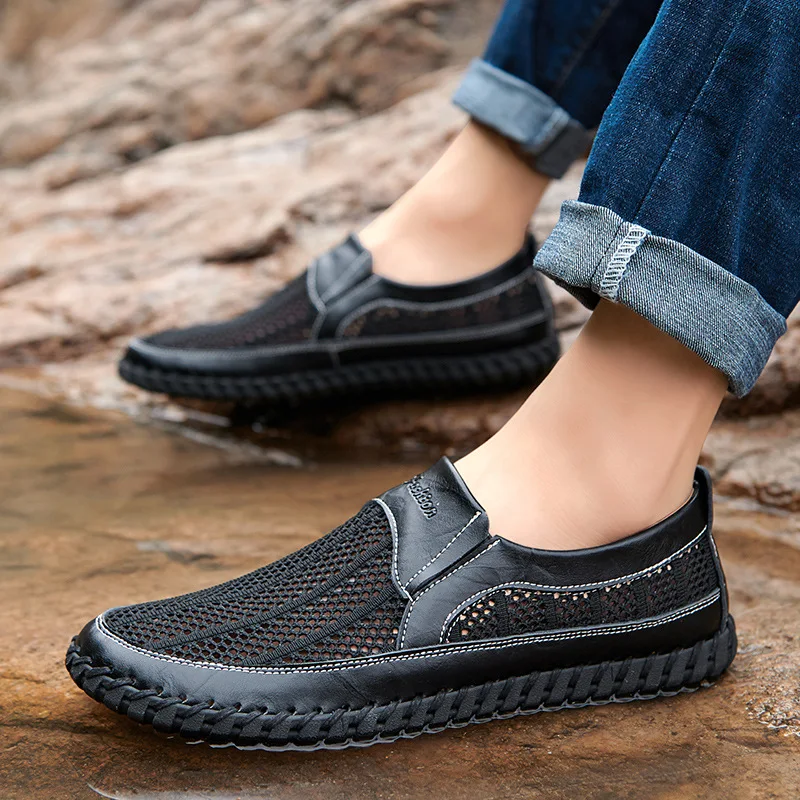 New Summer Genuine Leather Men Flat Breathable Mesh Shoes Soft Fashion Men Beach Sandals Summer Male Footwear A2398