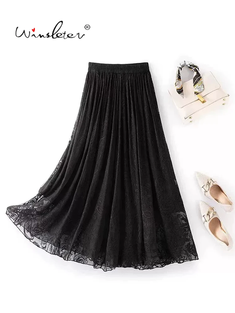 Winsleter-100%Real Silk Elegant Skirts, Elastic Waist Embroidery, Women French Beach Vacation A-line Skirt, 2026 Autumn B6O839CC