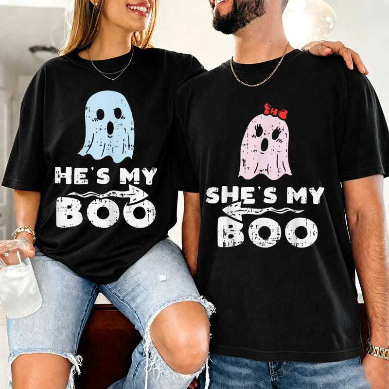 Hes/Shes My Boo Cute Matching Couple Halloween T-Shirt Women Men Short Sleeve Spooky Season Tops Girlfriend Boyfriend Tshirts