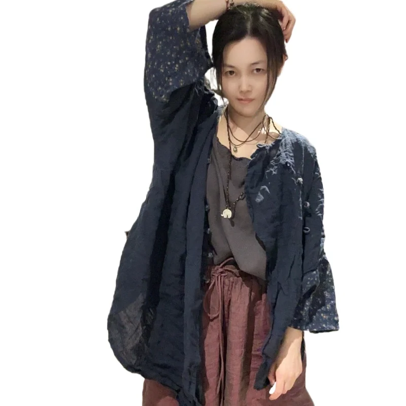 

Women Vintage Ramie Shirts and Top Patchwork Thin Button Irregular Loose Blouses 2025 Summer Long Sleeve Chinese Style Long Tops