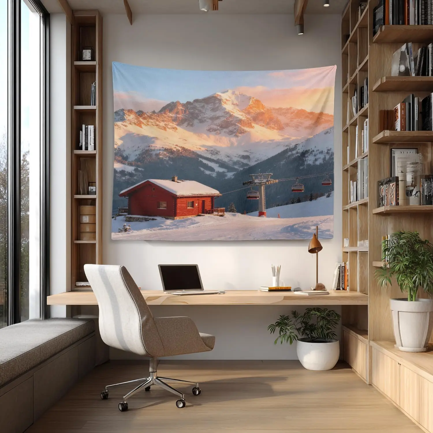 Alpine Ski Resort Tapestry, Snowy Mountain Cabin with Ski Lift Print Wall Hanging, Ideal For Winter Sports Lovers Bedroom Decor
