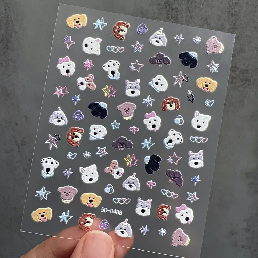 2pcs 5D Cartoon Puppy&kitten Nail Stickers Set Kawaii Embossed Happy Dog Pentagrams Milk Cat Design Nail Decals DIY Animals Nail