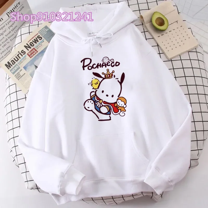 Autumn Pochacoo Print Hooded Women Pullovers Cartoon Casual White Loose Long Sleeve Oversized Hoodies Basics Women Sweatshirt