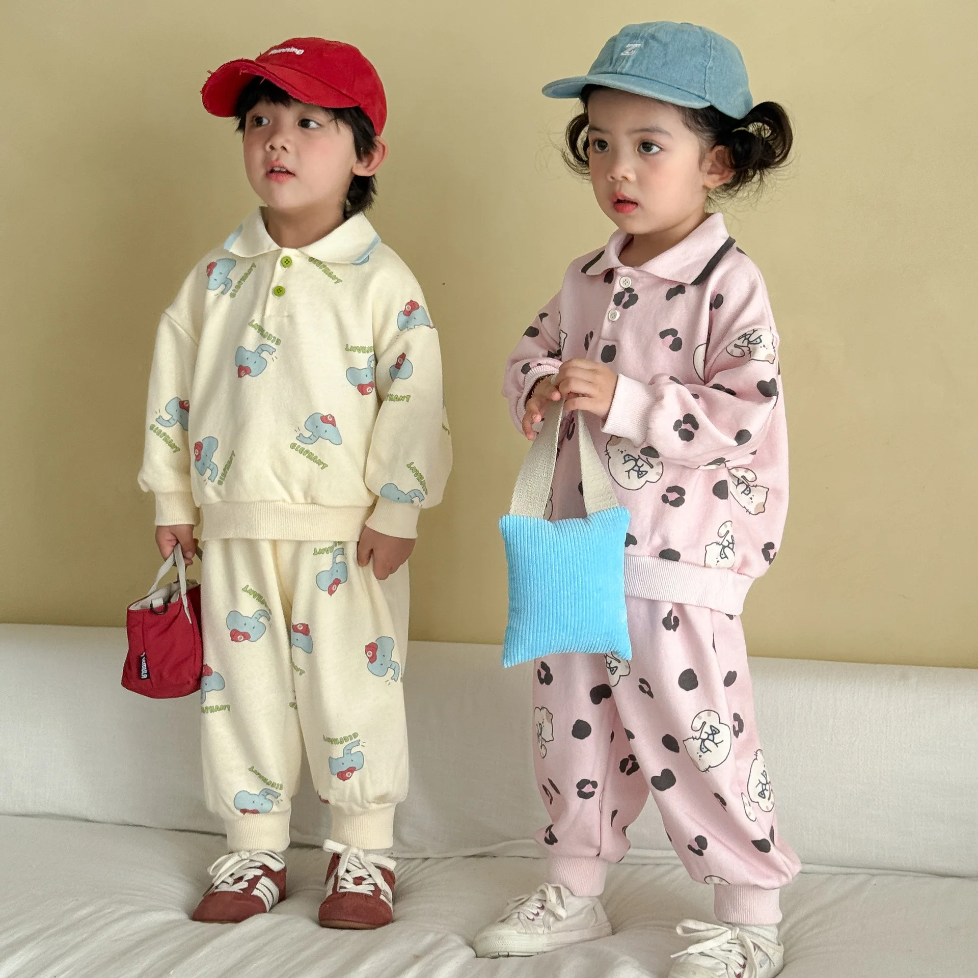 2026 Autumn New Children Long Sleeve Clothes Set Girls Cartoon Print Lapel Sweatshirt + Pants 2pcs Suit Kids Casual Outfits