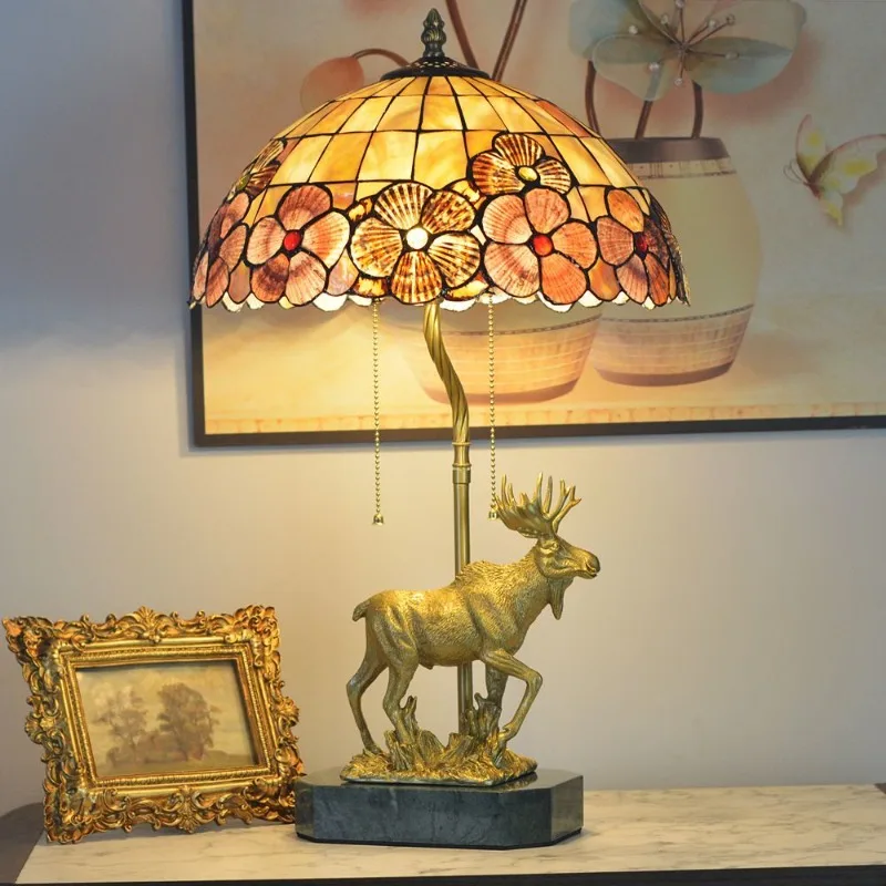 

Full copper elk desk lamp shell lamp bedroom retro pastoral pure copper decorative bedside lamp
