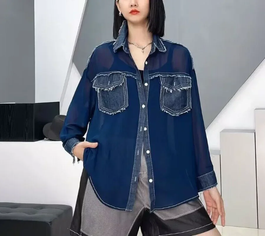 European Patchwork Denim Light Chiffon Mid-Length Coat Blouse Women's Summer New Polo Collar Long-Sleeved Sun-Proof Cardigan Top