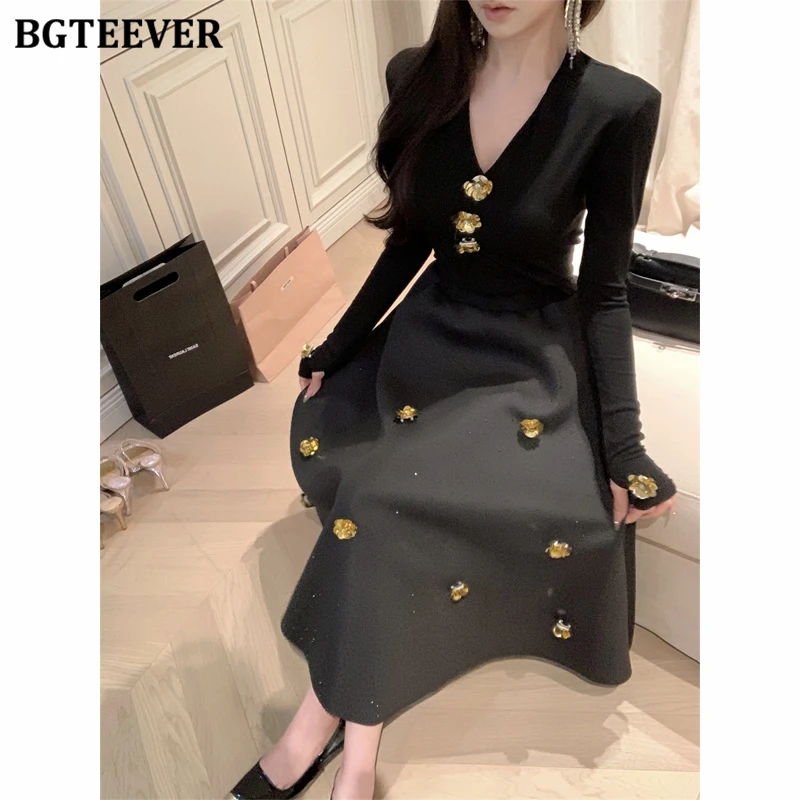 BGTEEVER Spring Elegant Ladies 2 Pieces Skirt Set Long Sleeve V-neck Pullovers & High Waist Loose A-line Skirts Women Outfits