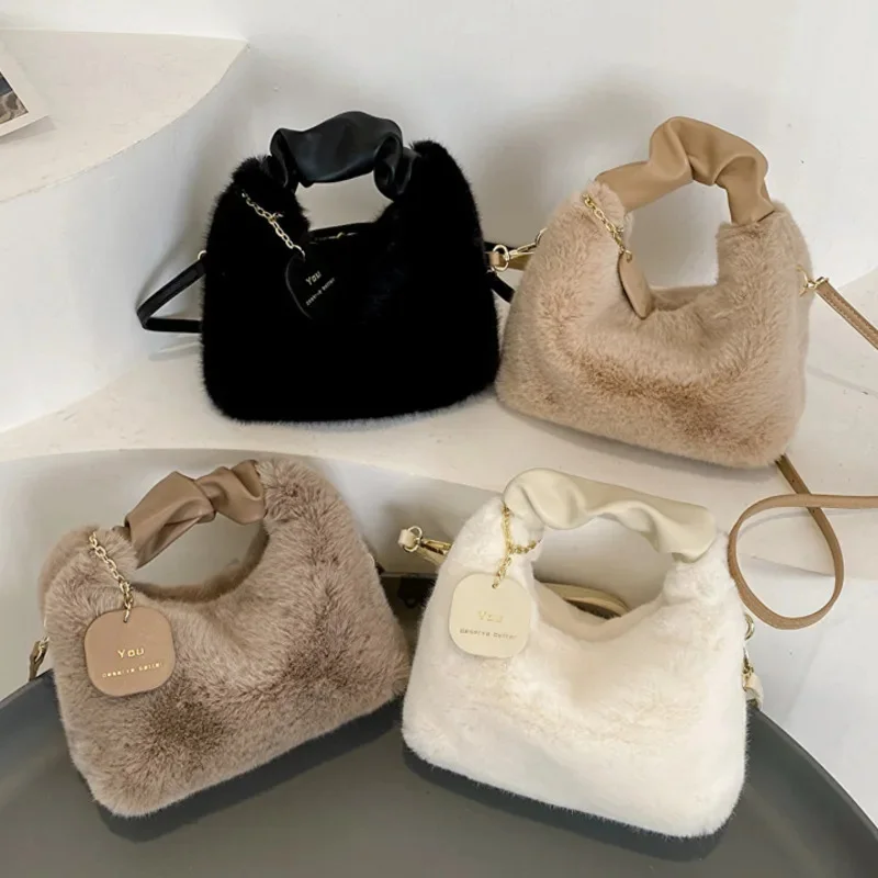 New Fashion Women Lady Shoulder Underarm Bag Solid Color Soft Plush Handbag Fluffy Totes Purse Autumn Winter Shopping Bag