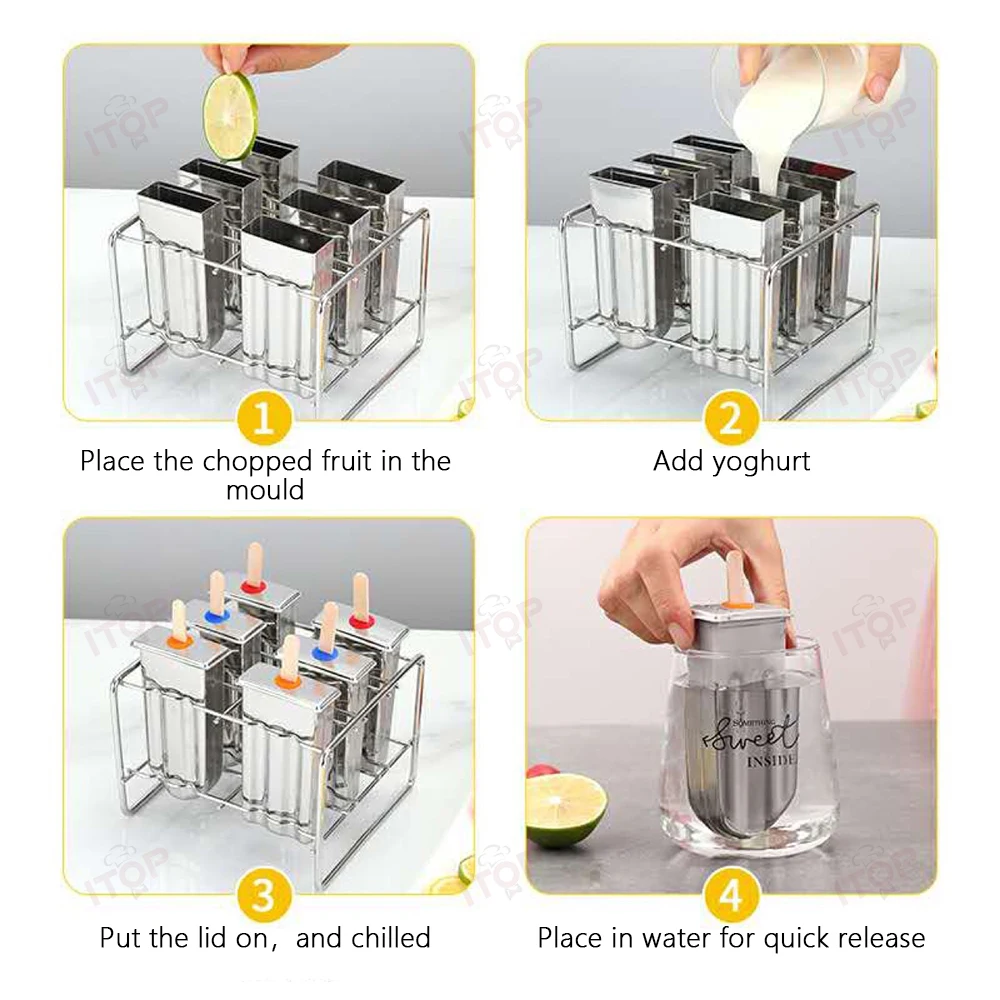 ITOP แม่พิมพ์ไอศกรีมทำจากสแตนเลสสตีลแม่พิมพ์ไอศกรีมแท่งสำหรับการค้าแบบทำมือ6ชิ้น