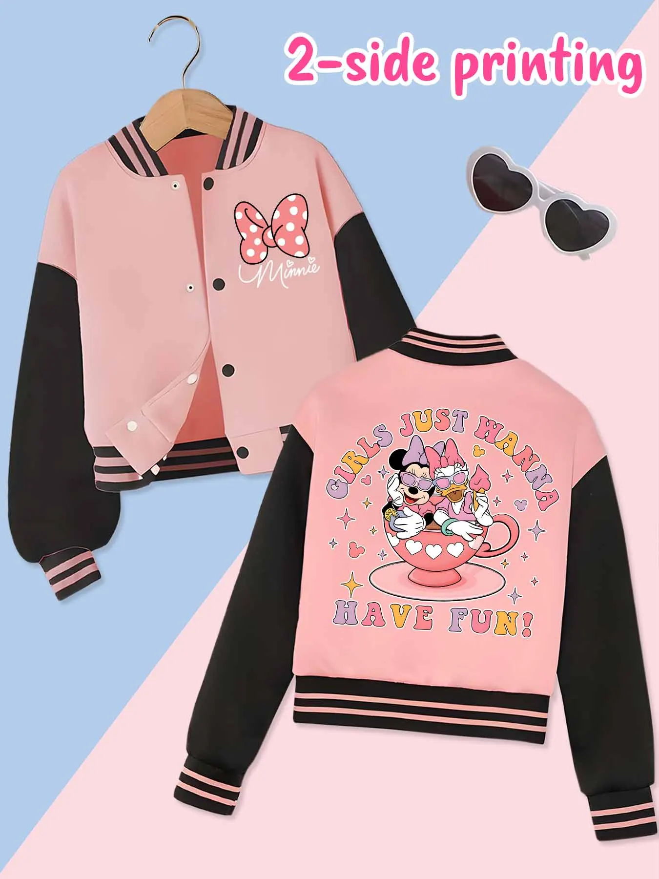 Chaqueta de béisbol de tendencia de moda de Disney, adecuada para deportes diarios y ropa casual, estampada con lindo patrón de Minnie, bonito regalo.
