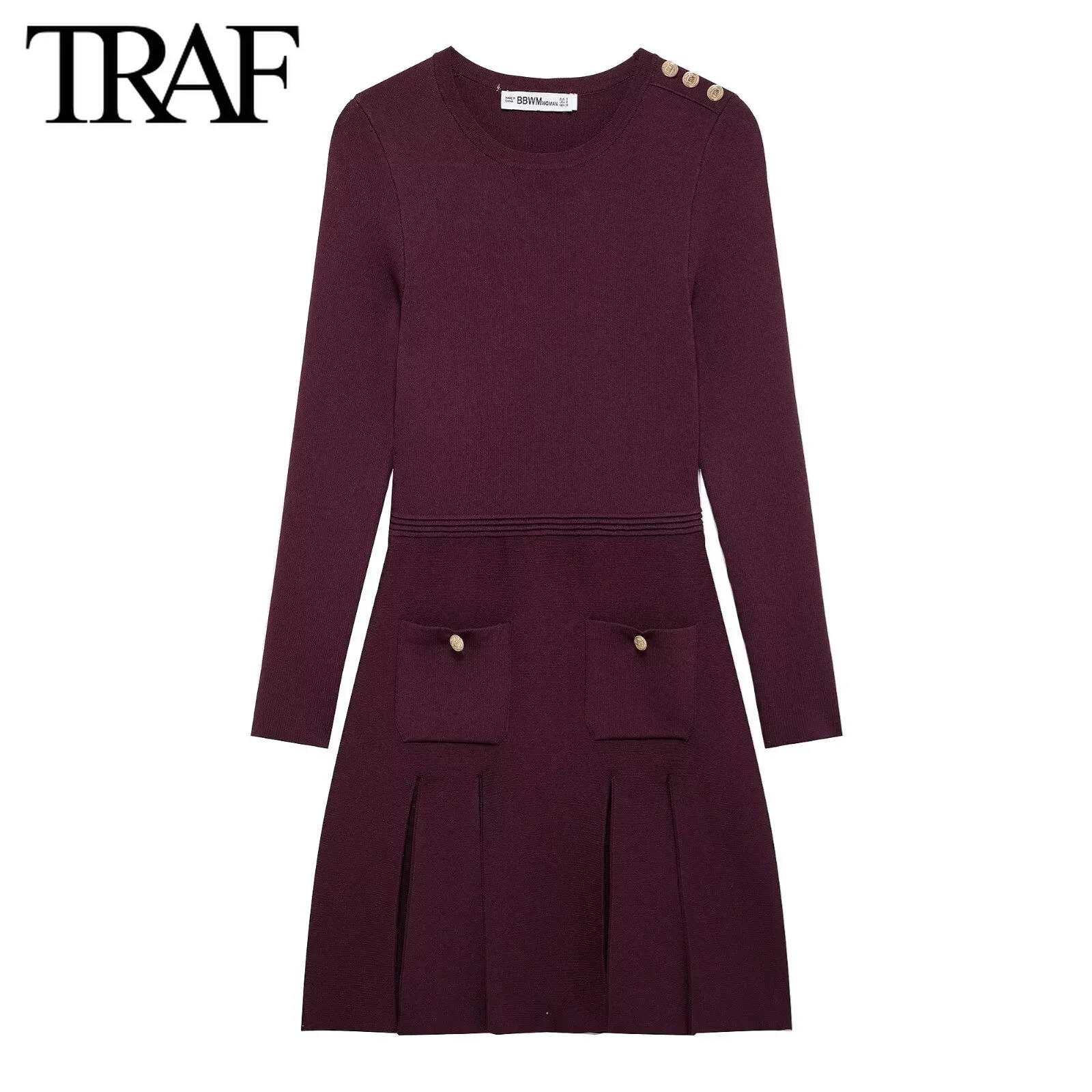 TRAF Knitted Dress for Women Fashion 2024 Autumn Winter New Short Pleated Pocket Round Neck Vintage Dresses France Female