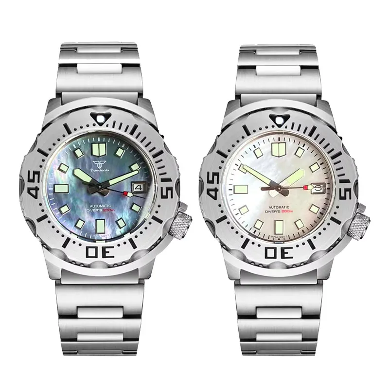 

Tandorio NH35 Перламутровый циферблат Monster 20BAR Механические 42 мм Автоматические мужские часы для дайвинга AR Сапфир 3,8 Корона Дата Светящиеся