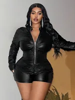 plus Size Leather Jumpsuit Sexy Zipper Pleated Design Long Sleeve One-Piece Pants for Women Trendy Streetwear Style - Image 3