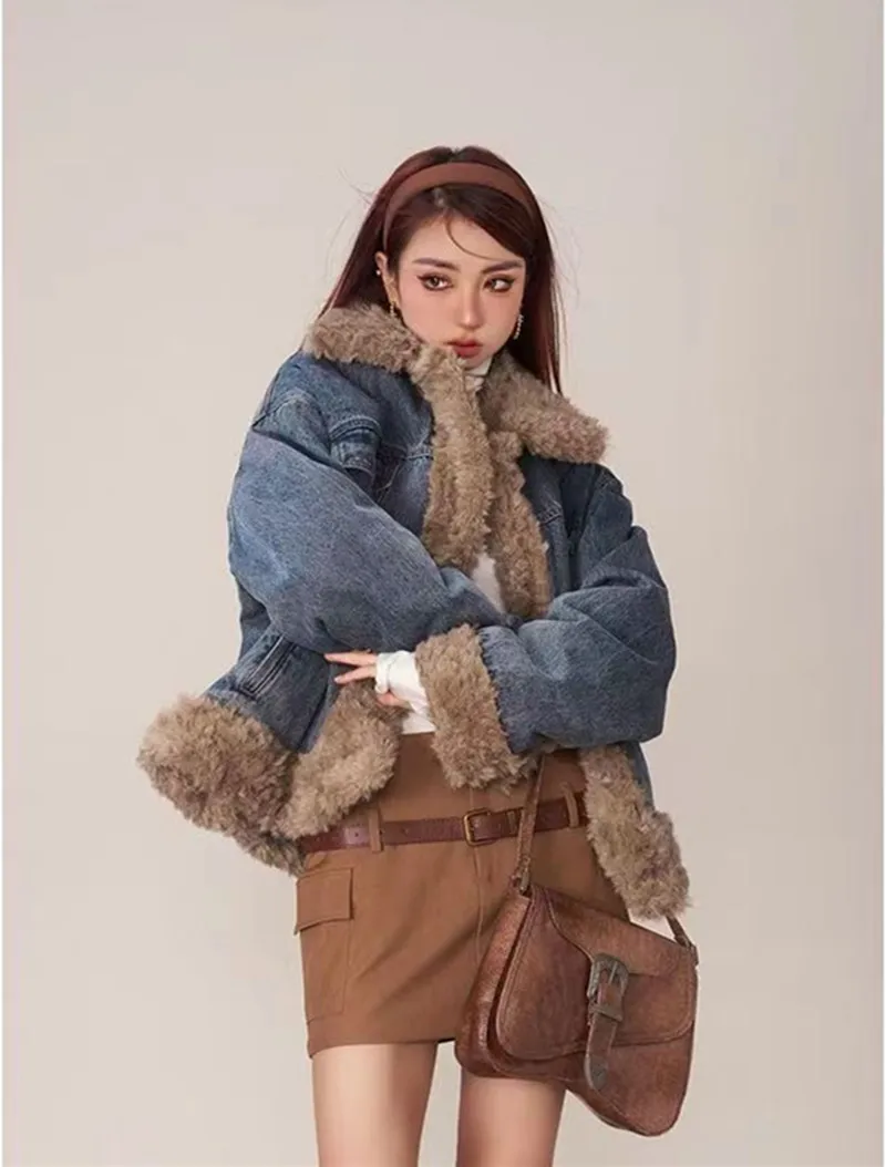 Turn Down Collar Denim Sweet Coat For Women 2023 Thicken Warm Retro Fur Collar Button Down Jacket New Fashion Oversized Coats