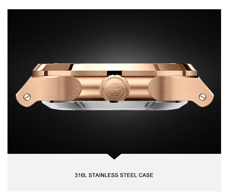 ساعة LOBINNI للرجال أوتوماتيكية 43 ملم ساعة يد ميكانيكية مربعة فاخرة مرآة ياقوت مضيئة لتاريخ الأسبوع