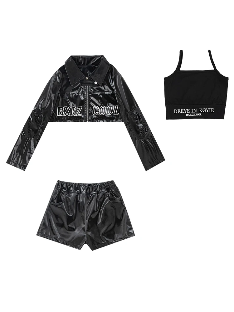 Disfraz de baile de Jazz para niñas, abrigo de ombligo de cuero negro, Falda de baile de porristas, ropa de actuación, ropa de escenario Kpop, BL13433