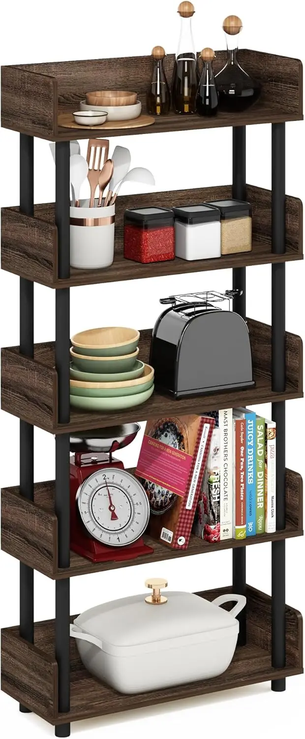 

5-Tier Freestanding Display Rack, Tool-Free Assembly, Multipurpose Storage for Home or Office, Walnut Finish