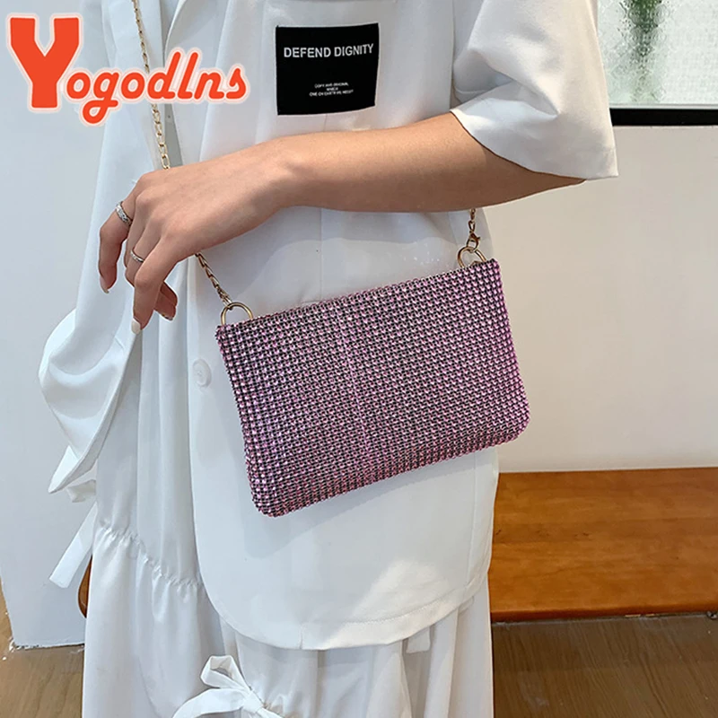 Yogodlns Trend Small Rhinestone Square Bag Metal Chain Shoulder Bag Luxury Design Shoulder Crossbody Bag Diamond Coin Purse