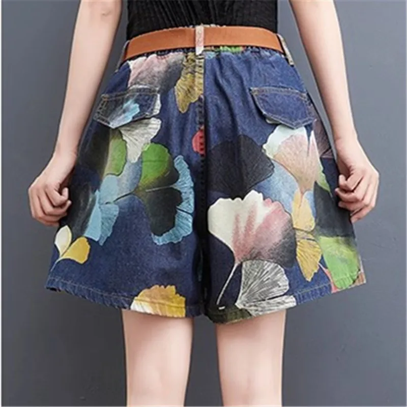 Flowers Print Denim Shorts Women Big Pocket Fashion Belt Loose Elastic Waist Wide Leg Shorts 2023 Summer Jeans Shorts Female