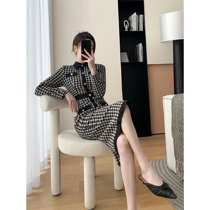 Vintage Houndstooth Knitted Dress Slim Long Sleeve Women Vestidos Spring Elegant Casual Kleid Korean Fashion Maxi Dresses New